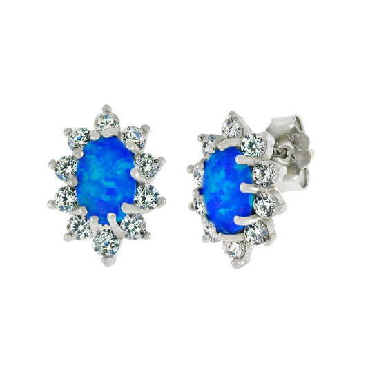 Sterling Silver CZ W Simulated Oval Blue Opal Stud Earrings