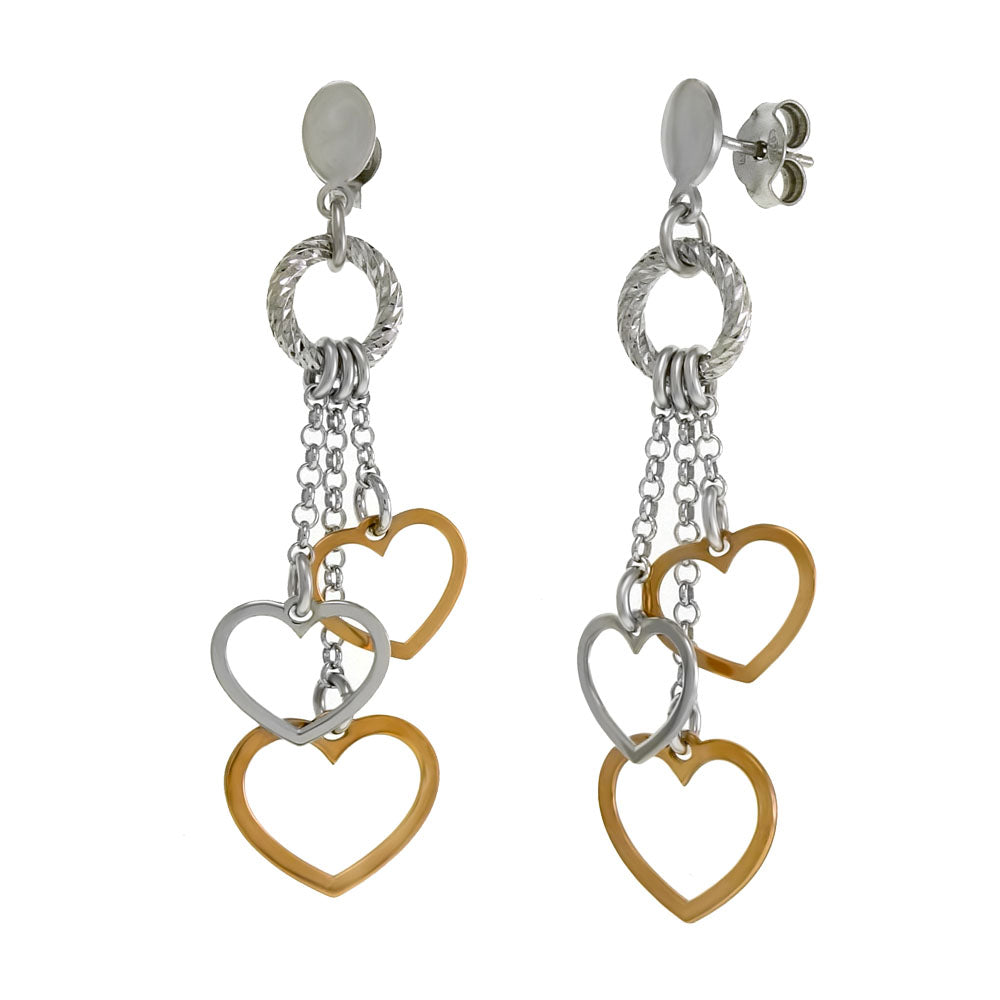 Italian Sterling Silver Rhodium & Rose Gold Plated Dangling Heart Earrings