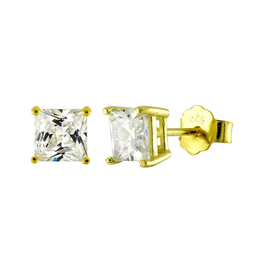 Sterling Silver Square CZ Gold Plated Prong Setting Stud Earrings