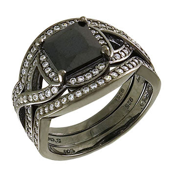 Sterling Silver Black Rhodium Black Princess CZ Wedding Rings Set