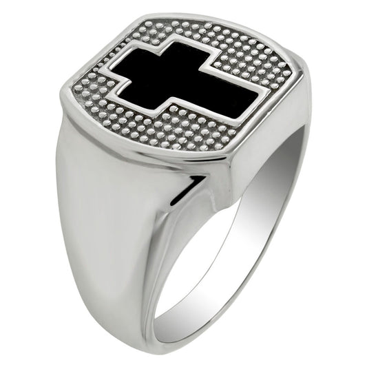 Black Onyx Cross Rhodium Ring