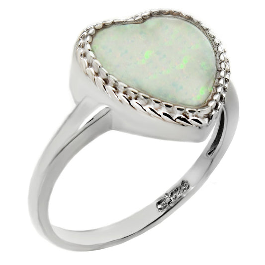 Simulated White Opal Heart Sterling Silver Ring