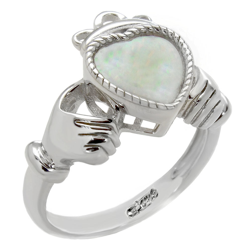 Simulated White Opal Claddagh Ring