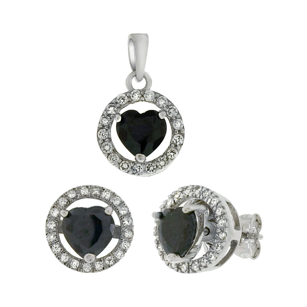 Black Heart with Halo Earrings & Pendant Set