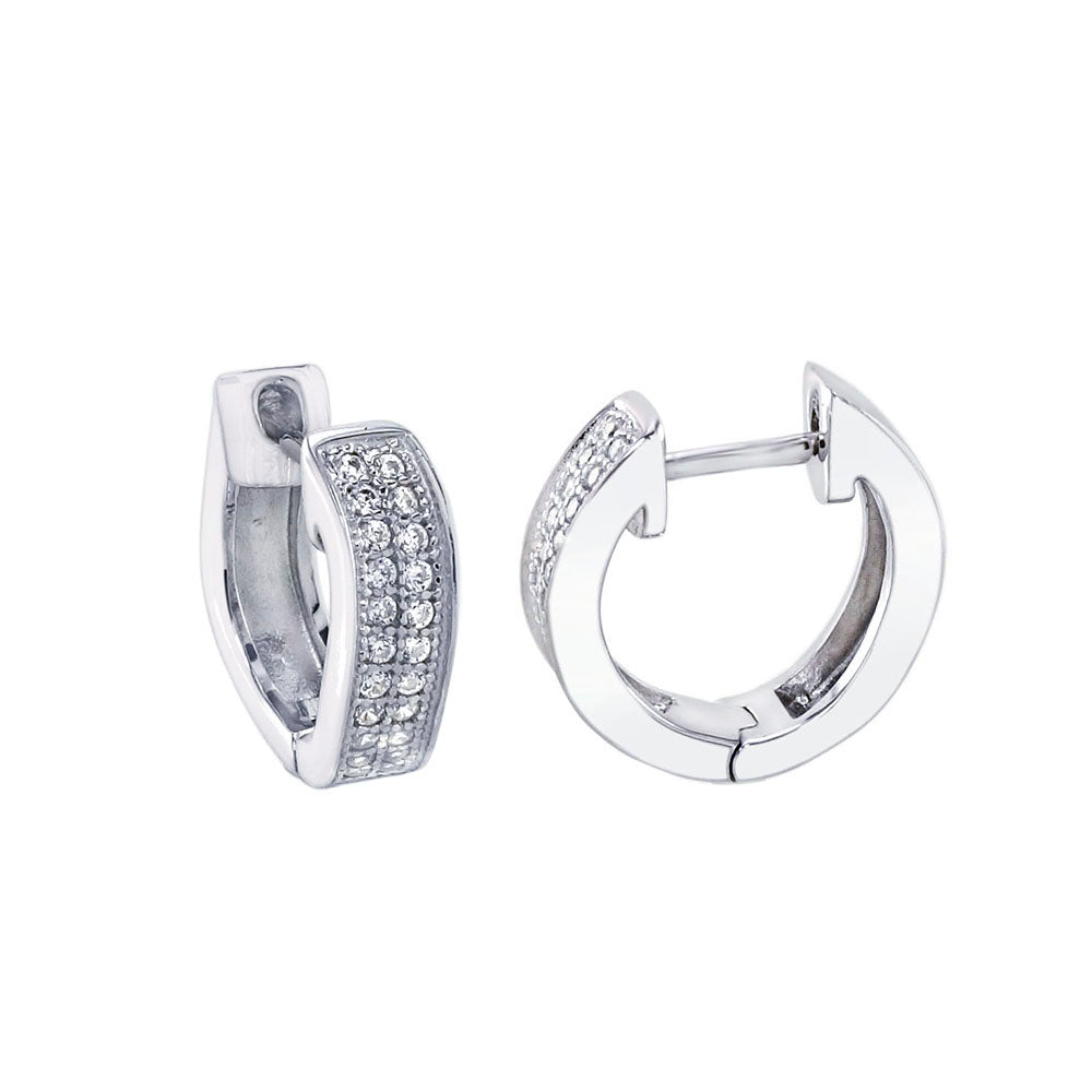 Sterling Silver Micro Pave 2 Lines CZ Curved Huggie Earrings