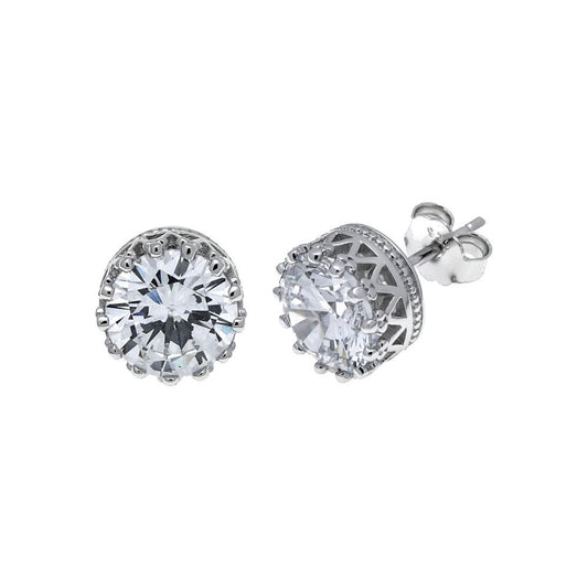 Sterling Silver 6mm Round CZ Crown Basket Stud Earrings