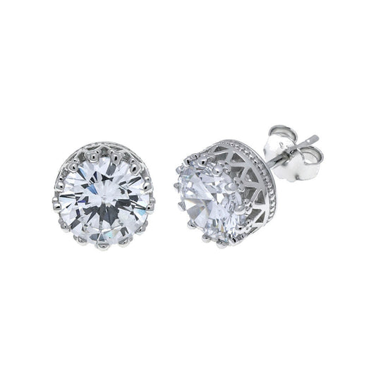 Sterling Silver Crown Basket W 8mm CZ Stud Earring