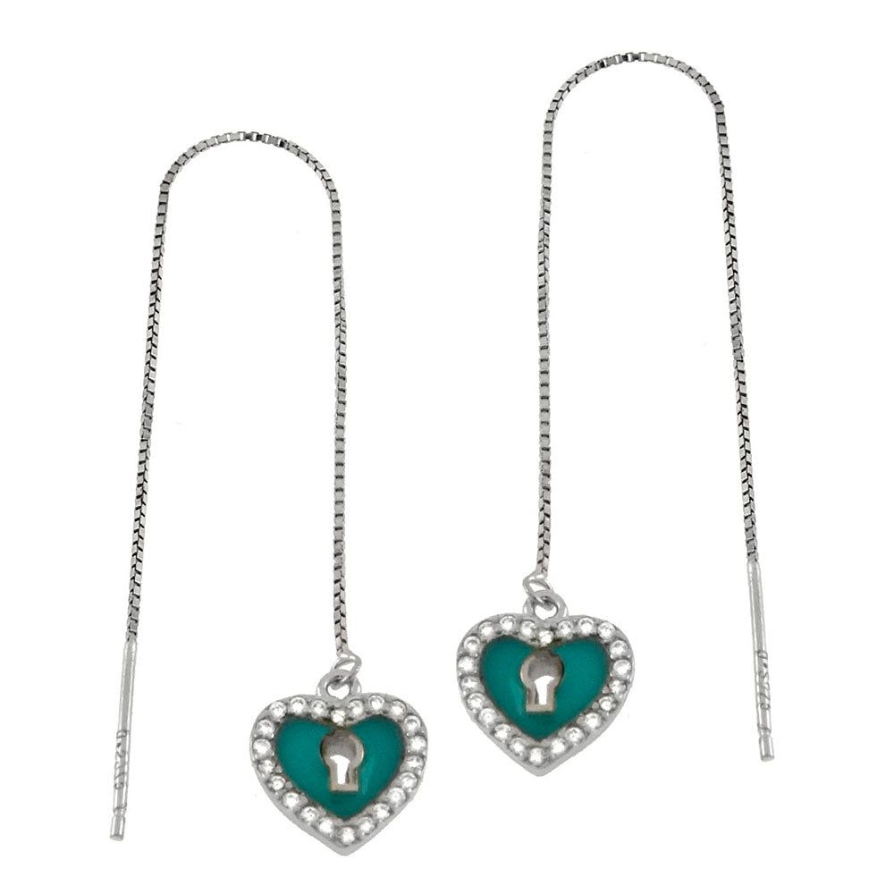 Heart Lock Sky Blue Enamel W CZ Threader Earrings