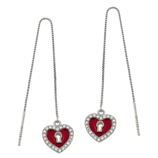 Heart Lock Pink Enamel W CZ Threader Earrings