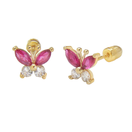 14K Gold Red & White Butterfly Stud Earrings