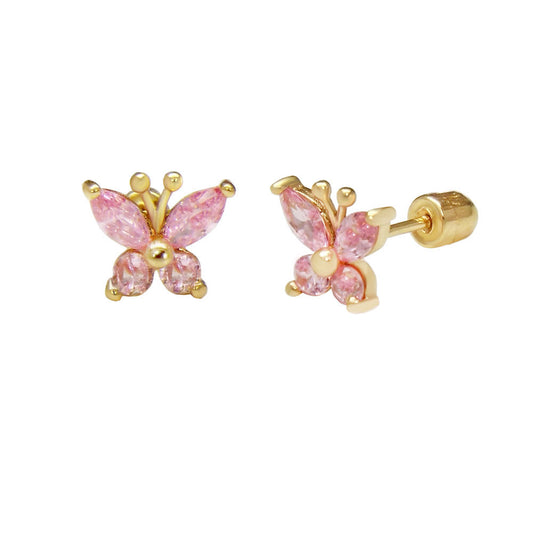 pink cz butterfly wholesale gold screw on earrings