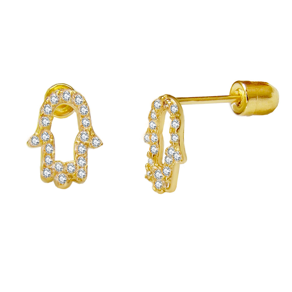 cz hamsa hand gold screw on earrings