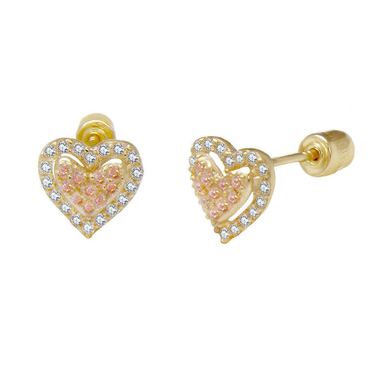 14K Gold Pave Pink Heart Stud Earrings