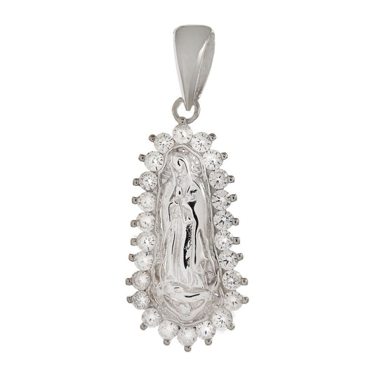 Sterling Silver Lady of Guadalupe W Cubic Zirconia Rhodium Pendant