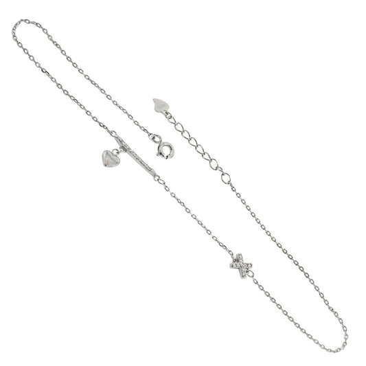 Sterling Silver Dangle Heart CZ Bar X Rhodium Anklet