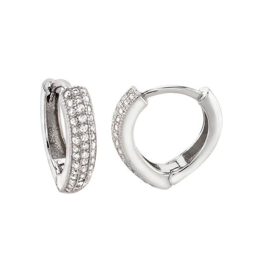 Sterling Silver Three Lines Pave CZ V Shape Huggie Earrings