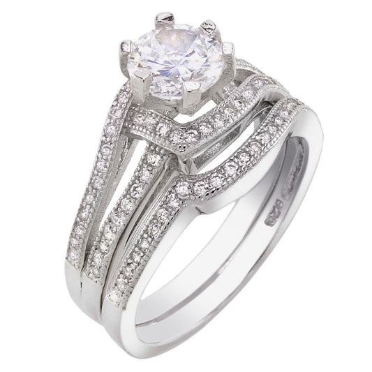 6mm Round Center CZ Sterling Silver Wedding Ring Set