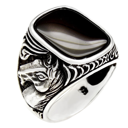 Black Onyx W Horse Head Oxidized Ring