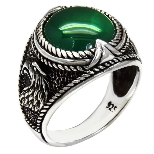 Sterling Silver Green Agate W Eagle Head Oxidized Ring