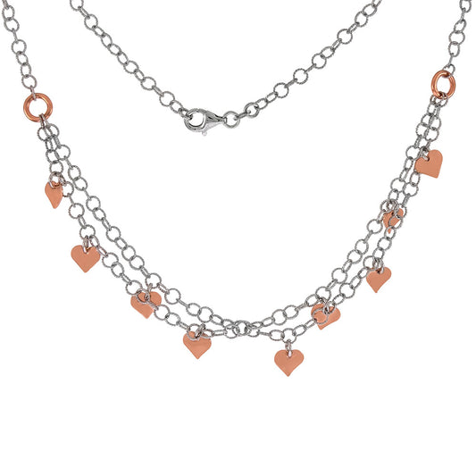 Italian Rose Gold Plated & Rhodium Dangle Heart Necklace