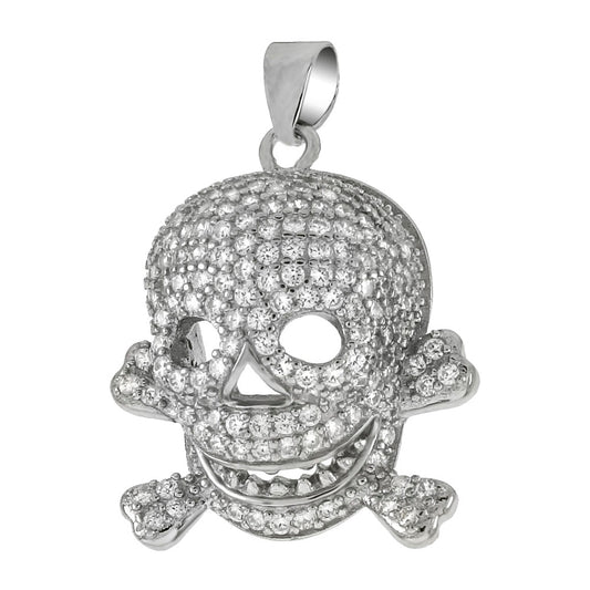 Sterling Silver Pave CZ Skull Crossbones Pendant