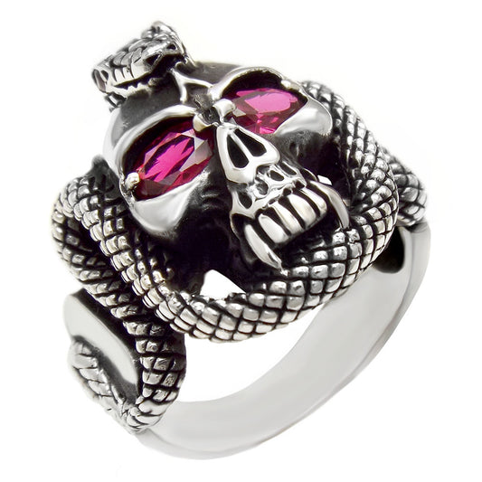 Sterling Silver Oxidized Snake W Red Eyes Skeleton Ring