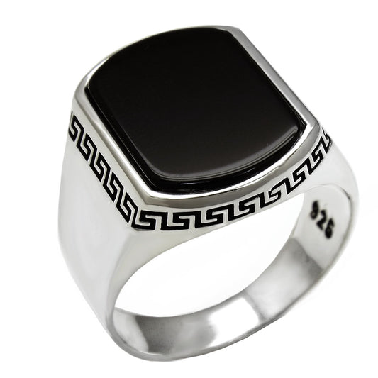 Sterling Silver Rectangular Black Onyx W Greek Key Ring