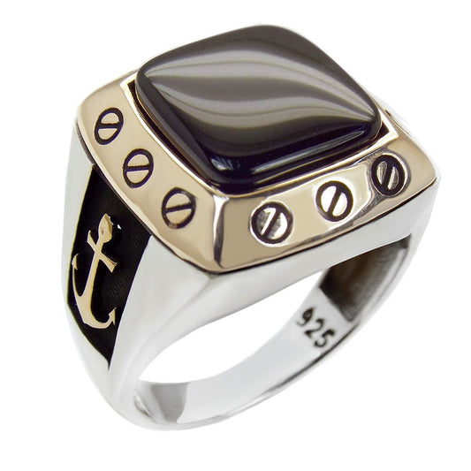 Black Onyx with Anchor Men Ring