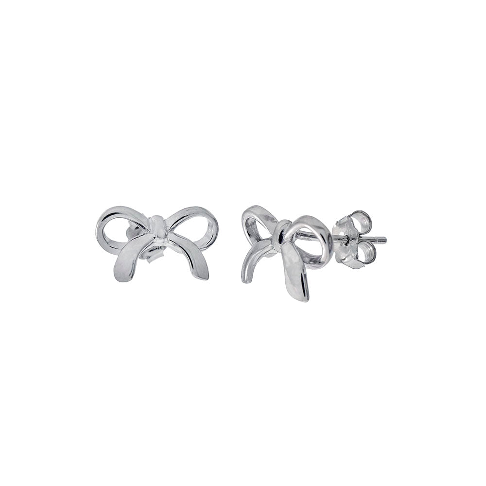 Sterling Silver Ribbon Bow Rhodium Stud Earrings