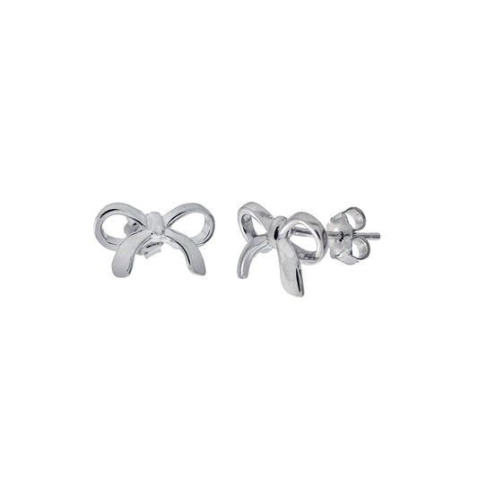 Sterling Silver Ribbon Bow Rhodium Stud Earrings