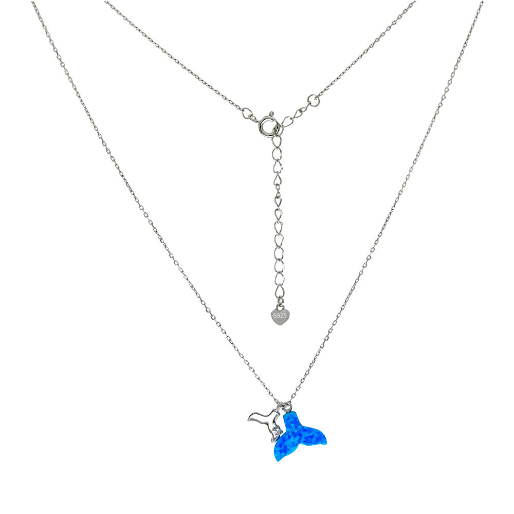 Whale Tail CZ Simulated Blue Opal Pendant Necklace