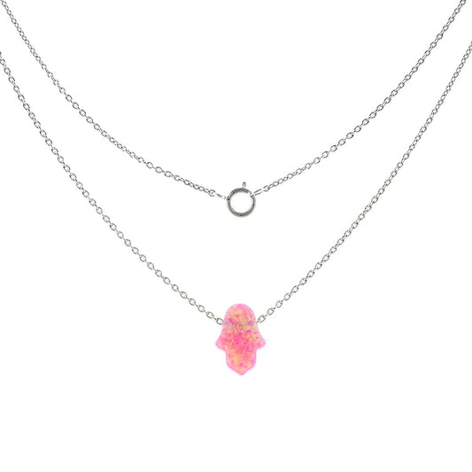 Sterling Silver Simulated Hot Pink Opal Hamsa Pendant Necklace