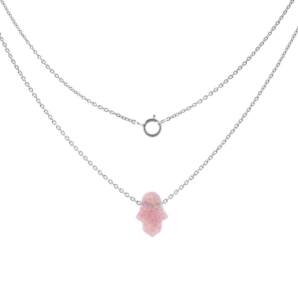 Simulated Pink Opal Hamsa Pendant Necklace