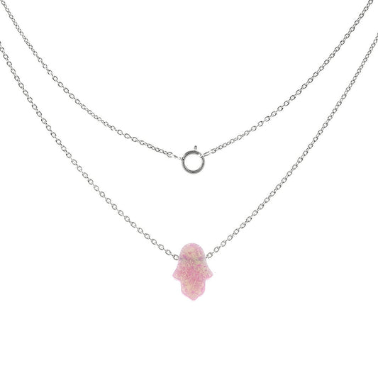 Simulated Pink Opal Hamsa Pendant Necklace