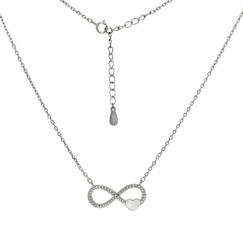 Pave CZ Infinity W Heart Rhodium Pendant Necklace