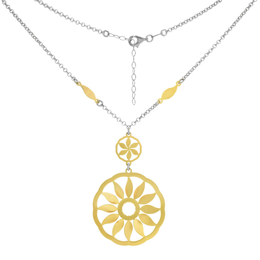 Italian Sterling Silver Rhodium Rolo W Laser Cut Sun Gold Plated Pendant Necklace