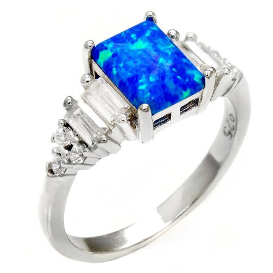 Sterling Silver Simulated Blue Opal W Baguette CZ Engagement Ring