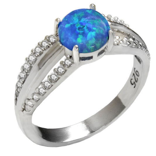 Sterling Silver Simulated Blue Opal W CZ Ring