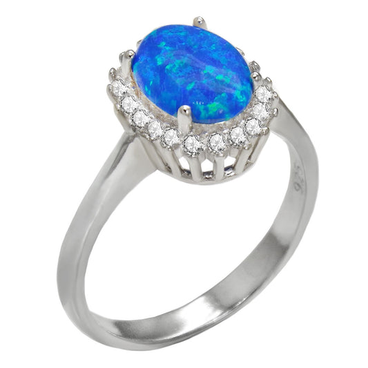 Sterling Silver Halo Simulated Blue Opal Ring