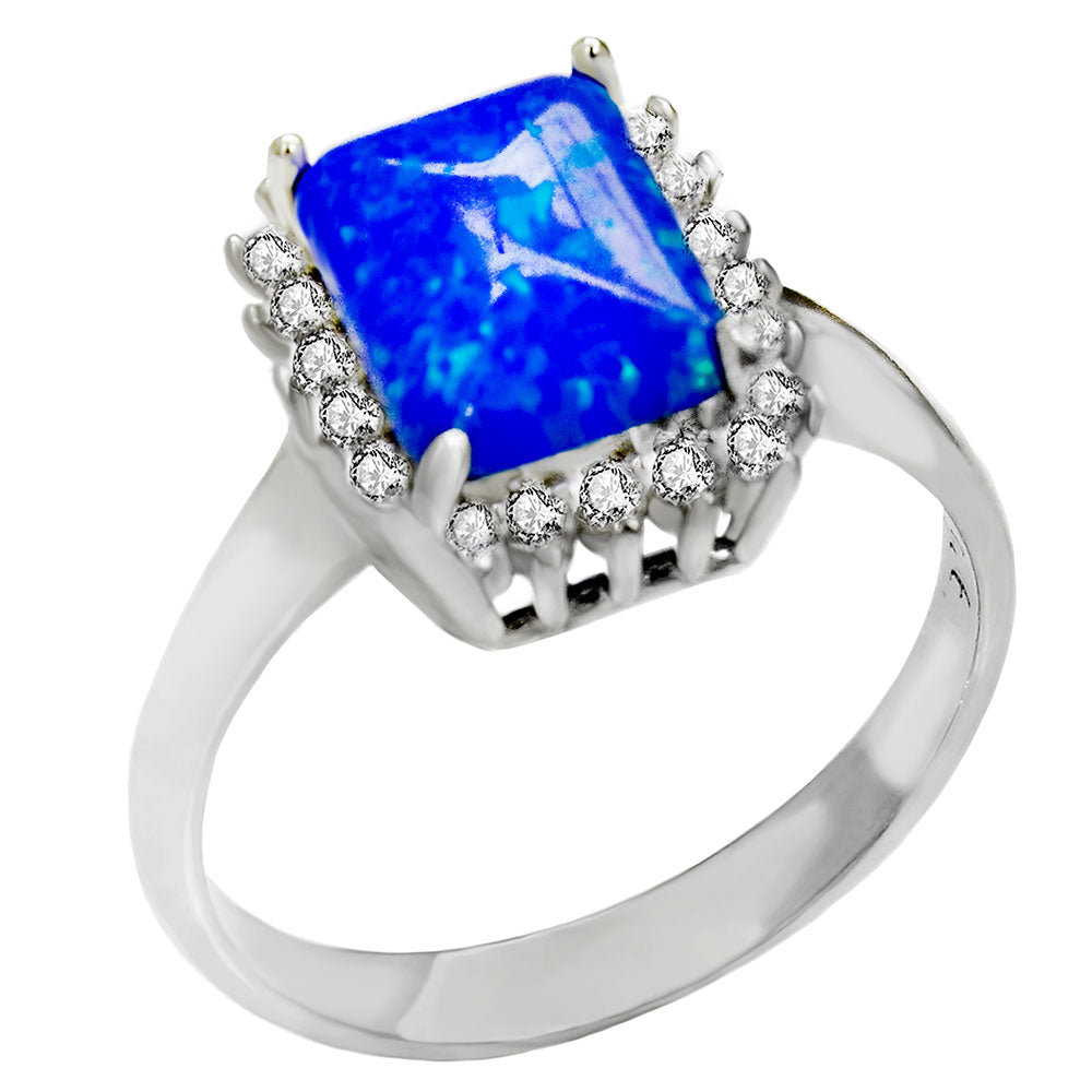 Rectangle Cut Simulated Blue Opal Engagement Ring