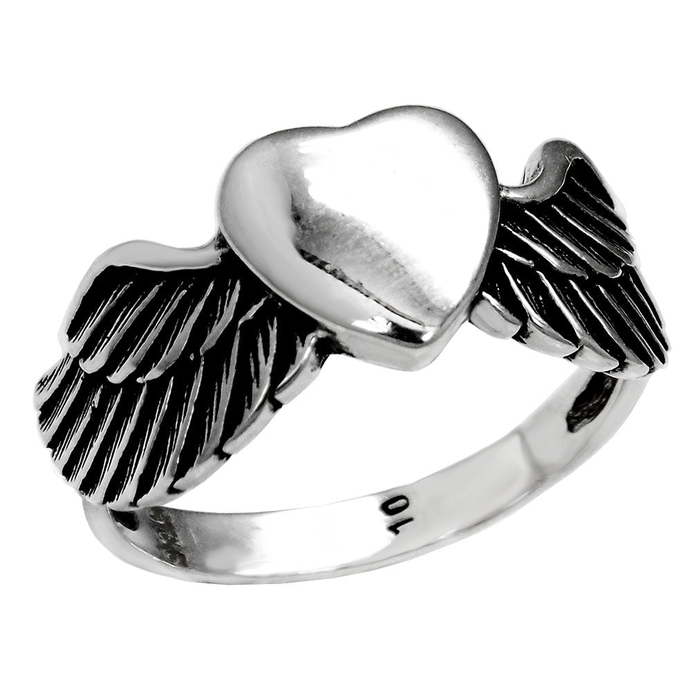 Sterling Silver Heart With Wing Oxidized Ring