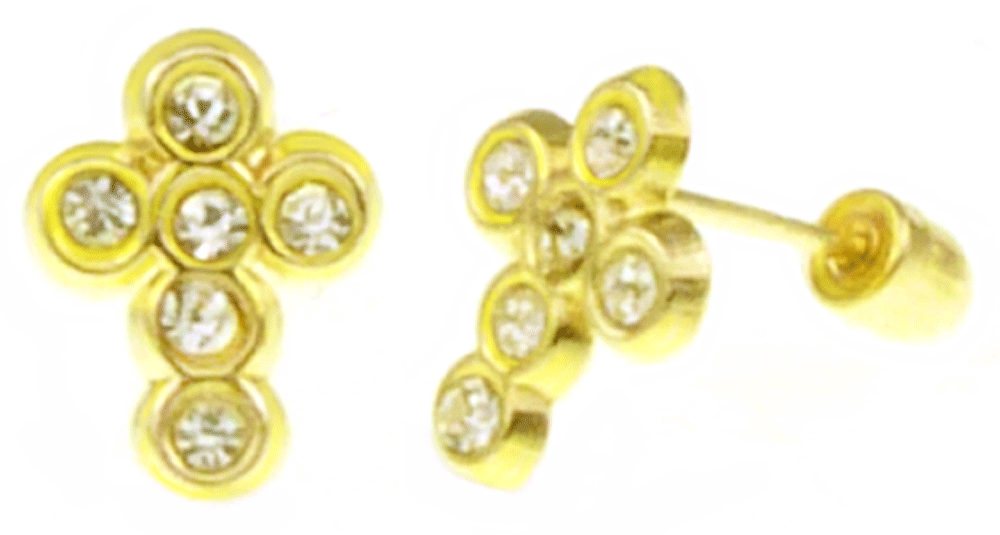 14K Gold CZ Cross W Screw Back Stud Earrings