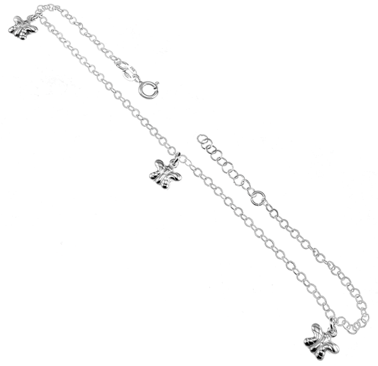 Flat Round Rolo W Dangle Butterfly Sterling Silver Charm Anklet