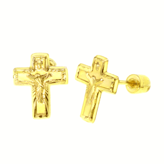 14K Gold D/C Crucifix Cross Stud Earrings