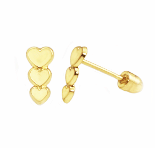 14K Gold Graduated Triple Heart Stud Earrings