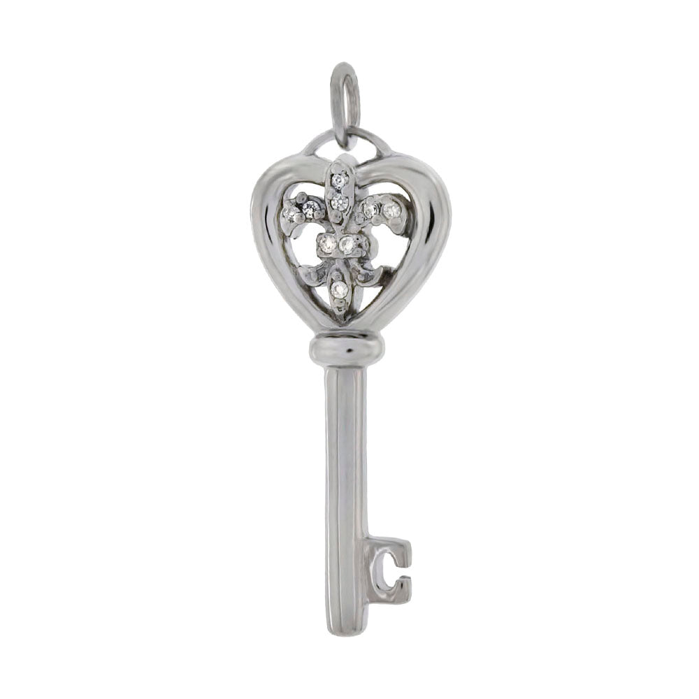 Fluer De Lis CZ Heart Key Double Side Pendant