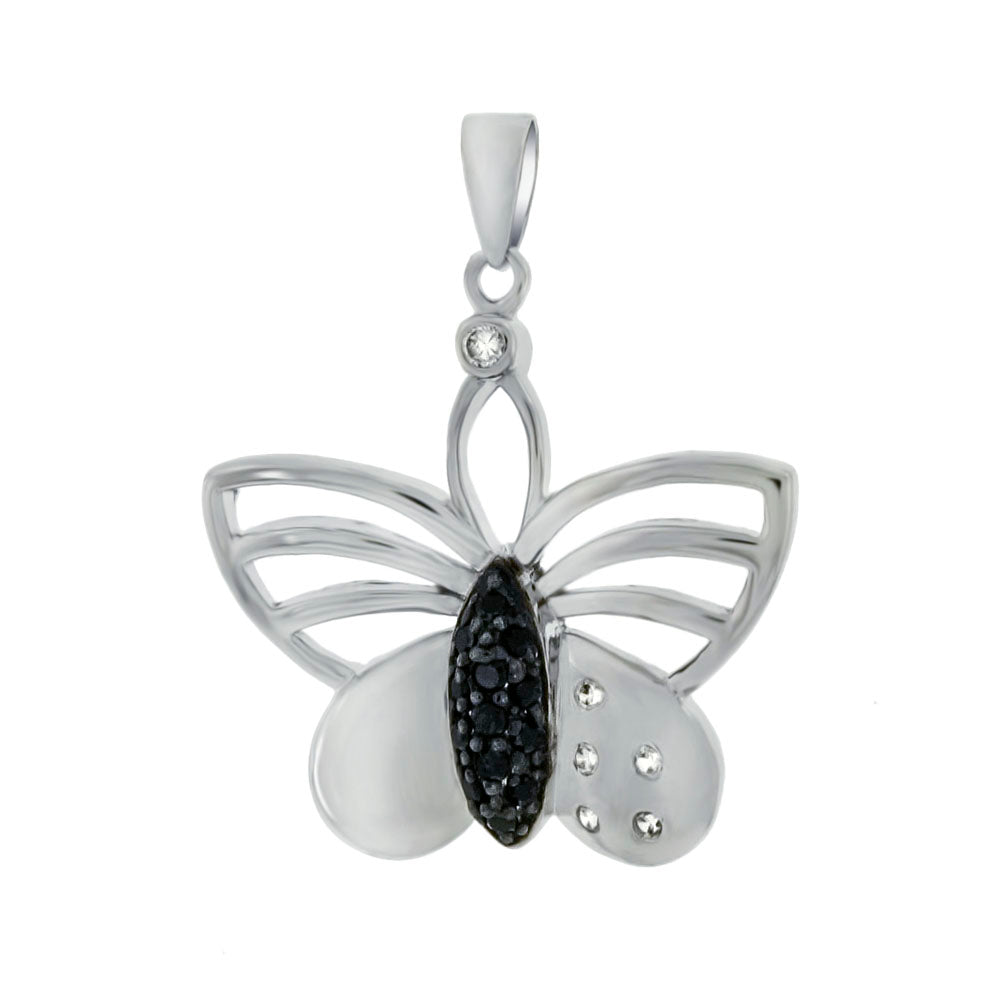 Black White Cubic Zirconia Butterfly Sterling Silver Pendant