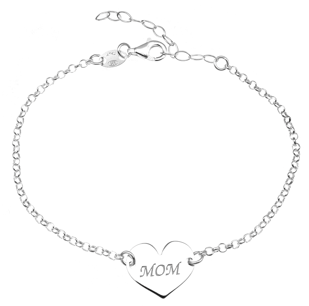 Sterling Silver Engravable Heart Mom Charm Bracelet