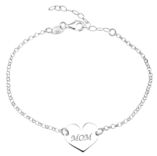 Sterling Silver Engravable Heart Mom Charm Bracelet