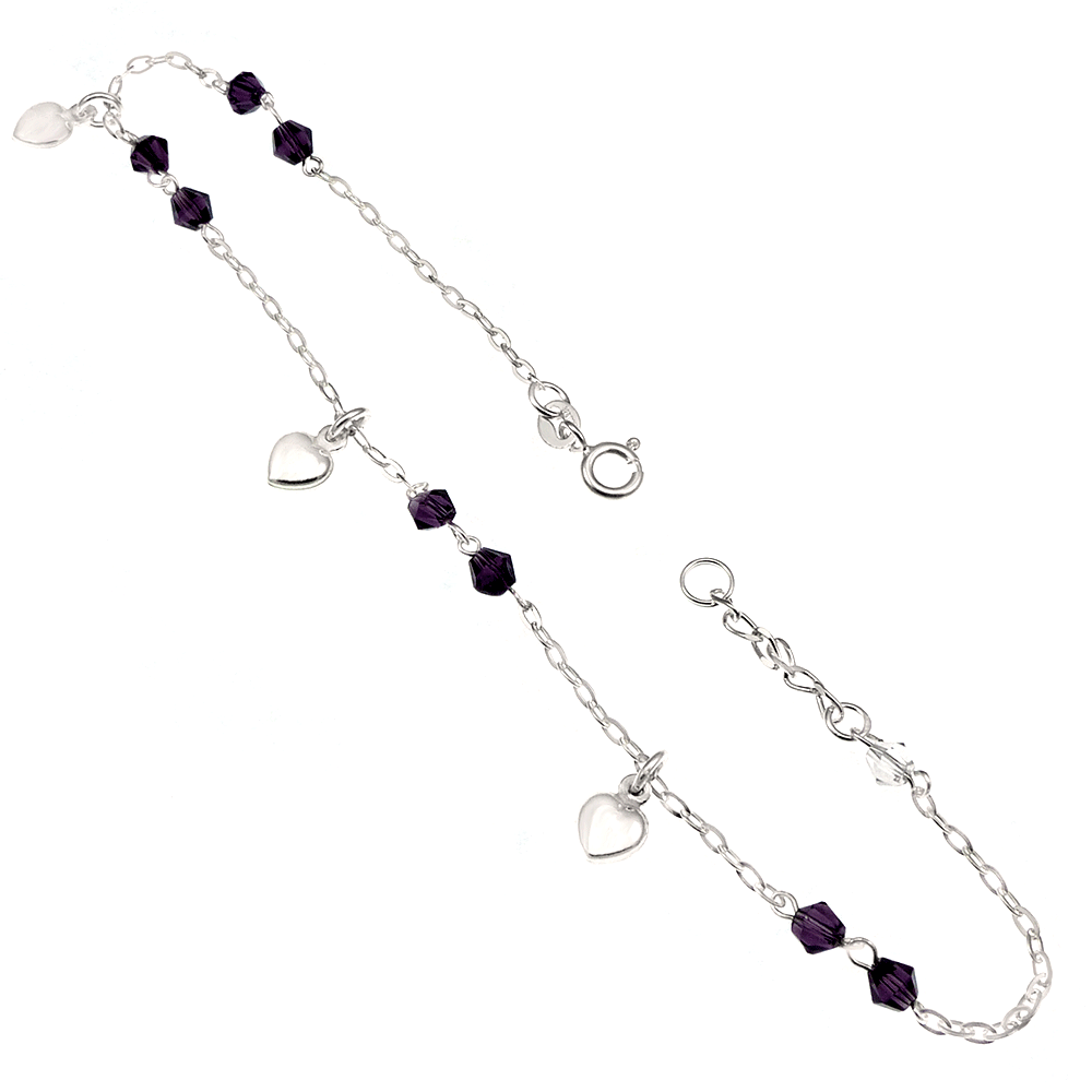 Dangle Heart Amethyst Crystal Sterling Silver Anklet